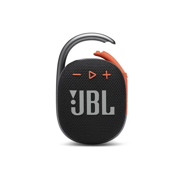 JBL Clip 4, Wireless Ultra Portable Bluetooth Speaker, Pro Sound, Integrated Carabiner, Vibrant Colors with Rugged Fabric Design, Dust & Waterproof, Type C (without Mic, Black & Orange)