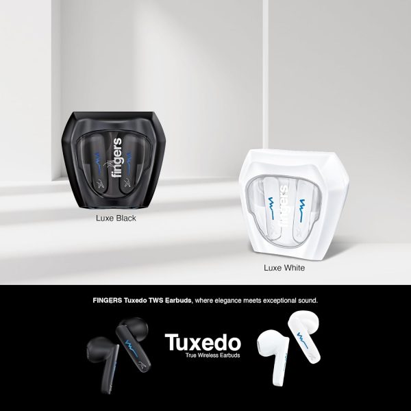 FINGERS Tuxedo TWS Earbuds with 32-hour Playtime, Fast Charging, 13mm Neodymium Drivers, Surround Noise Cancellation (SNC Technology) built-in Mic, IPX4 Sweat Resistant, Voice Assistant (Luxe White)