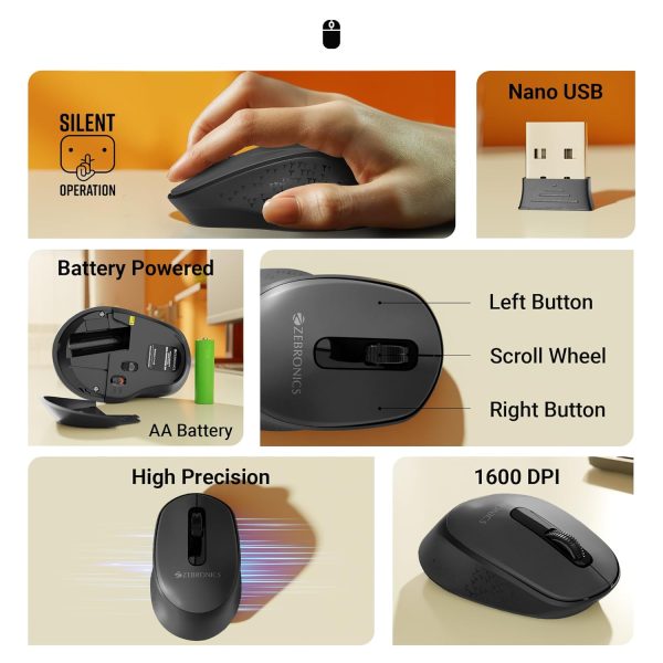 ZEBRONICS Companion 201 2.4GHz Wireless Keyboard & Mouse Combo, 83 Keys, AI Assist Key, 12 Integrated Multimedia Keys, 3 Button Mouse, 1600 DPI, High Precision, Silent Operation (Black + Grey)