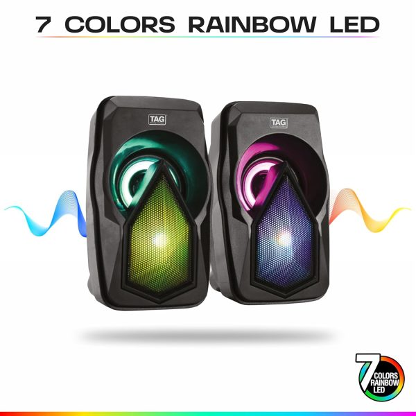 TAG DP600 USB Stereo 2.0 Wired Multimedia Desktop Speakers | 6W Peak Output | 7 Colors Rainbow RGB LED Lights | 3.5mm AUX Support | in-line Volume Control | Made for Desktop, PC, Laptop