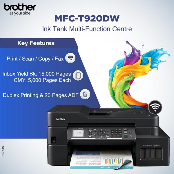 Brother MFC-T920DW Auto Duplex Printer - Print, Scan, Copy, Fax, ADF, WiFi/LAN/USB, Print Up to 15K Pages in Black and 5K in Color Each for (CMY), Get an Extra Black Ink Bottle, Free Installation