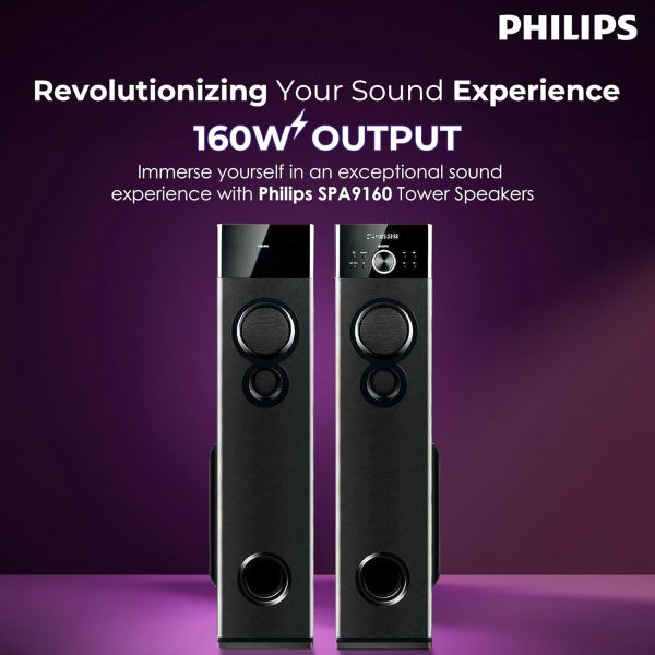 PHILIPS Audio SPA9160 2.0CH 160W Multimedia Tower Speakers with Wireless Microphone,Multi-Connectivity Option with Supporting USB, AUX, FM,Mic & Thumping Bass with Karaoke(Black)