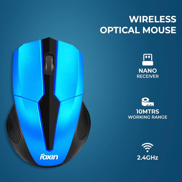 Foxin FWM-9099 Optical Mouse with 2.4GHz Wireless Technology, Nano USB Receiver, 1600 DPI Sensor, Durable Design, clickable Scroll Wheel, Quick Response Mouse for Comfortable Grip (Elite Blue)