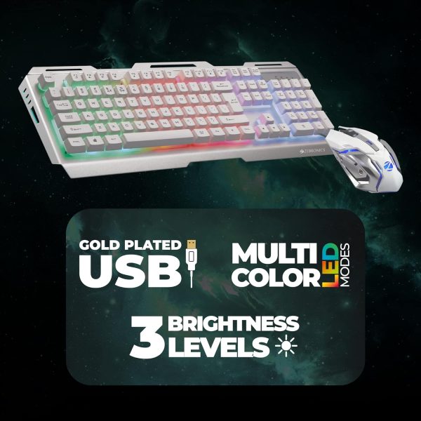 Zebronics Transformer Gaming Usb Keyboard & Mouse Combo,Braided Cable,Durable Al body,Multimedia keys & Gaming Mouse with 6 Buttons, Multi-Color LED Lights, High-Resolution Sensor with 3200 DPI(white)