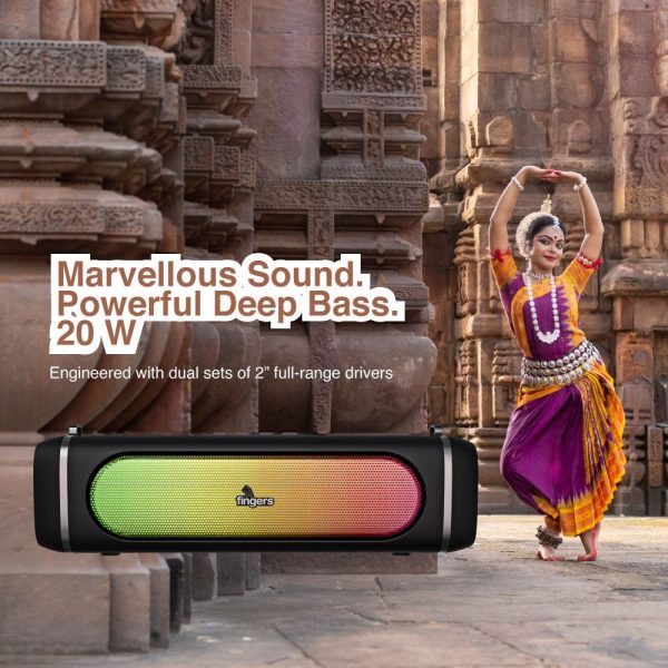 FINGERS SoundPower-20 Bluetooth Portable Speaker with Powerful 20 W Deep Bass, Mesmerizing RGB Lights, 9-Hour Playtime, Free Carry Strap, Built-in Mic (Black)