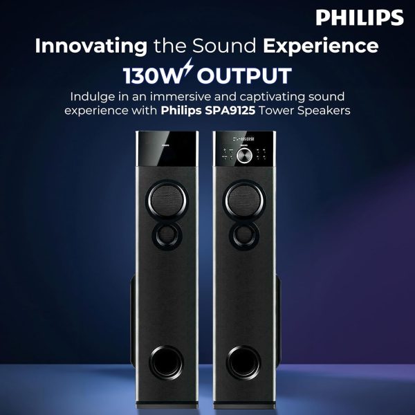 Play Video Click to see more videos Philips Audio SPA9125 2.0CH 130W Multimedia Tower Speakers with Wireless Microphone,Multi-Connectivity Option with Supporting USB, AUX, FM,Mic & Thumping Bass with Karaoke(Black)