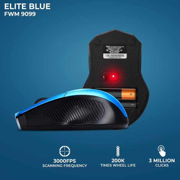 Foxin FWM-9099 Optical Mouse with 2.4GHz Wireless Technology, Nano USB Receiver, 1600 DPI Sensor, Durable Design, clickable Scroll Wheel, Quick Response Mouse for Comfortable Grip (Elite Blue)