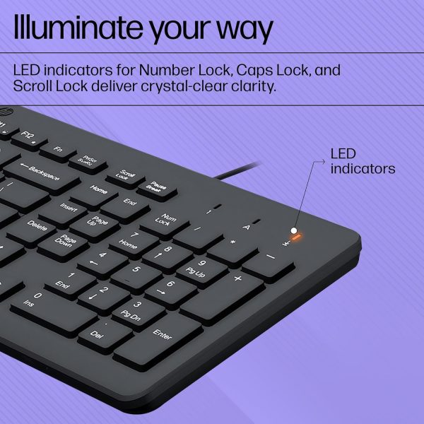 HP 150 Wired Keyboard, Quick, Comfy and Ergonomically Design, 12Fn Shortcut Keys, Plug and Play USB Connection and LED Indicator, 3 Years Warranty