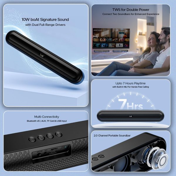 boAt Aavante Bar 490 Bluetooth Soundbar 10W RMS Signature Sound,2.0 Channel,BTv5.1,Dual Full-Range Drivers, AUX, TF Card, USB, Upto 7 Hrs Playback,Built-in Mic,TWS Feature(Classic Black)