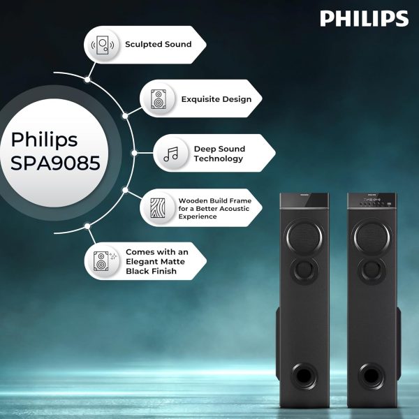 Philips Audio SPA9085 2.0CH 100W Multimedia Tower Speakers with Wireless Microphone,Multi-Connectivity Option with Supporting USB, AUX, FM,Mic & Thumping Bass with Karaoke(Black)