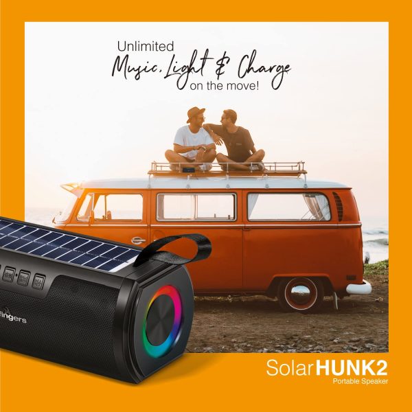 FINGERS SolarHunk2 Portable Speaker with Built-in Solar Charging Panel (RGB Lights | 14+ hrs Playback | Duo Charge – Solar & Power Outlet | Bluetooth, FM Radio, MicroSD, USB, AUX)