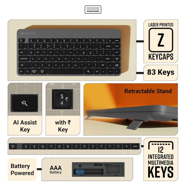 ZEBRONICS Companion 201 2.4GHz Wireless Keyboard & Mouse Combo, 83 Keys, AI Assist Key, 12 Integrated Multimedia Keys, 3 Button Mouse, 1600 DPI, High Precision, Silent Operation (Black + Grey)