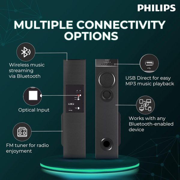 Philips Audio SPA9085 2.0CH 100W Multimedia Tower Speakers with Wireless Microphone,Multi-Connectivity Option with Supporting USB, AUX, FM,Mic & Thumping Bass with Karaoke(Black)