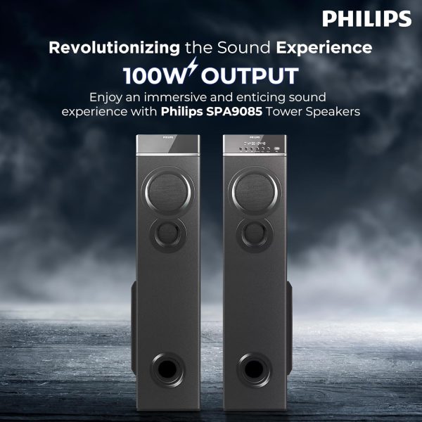 Philips Audio SPA9085 2.0CH 100W Multimedia Tower Speakers with Wireless Microphone,Multi-Connectivity Option with Supporting USB, AUX, FM,Mic & Thumping Bass with Karaoke(Black)