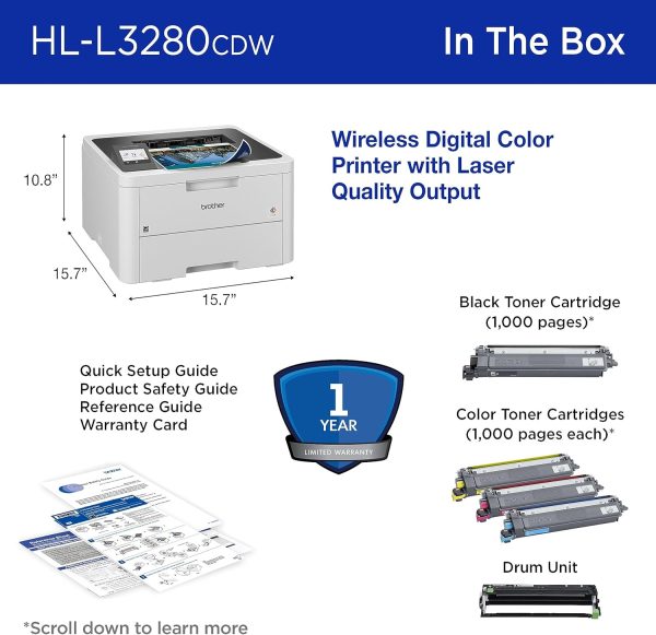 Brother HL-L3280CDW Wireless Compact Digital Color Printer with Laser Quality Output, Duplex, Mobile Printing & Ethernet | Includes 4 Month Refresh Subscription Trial