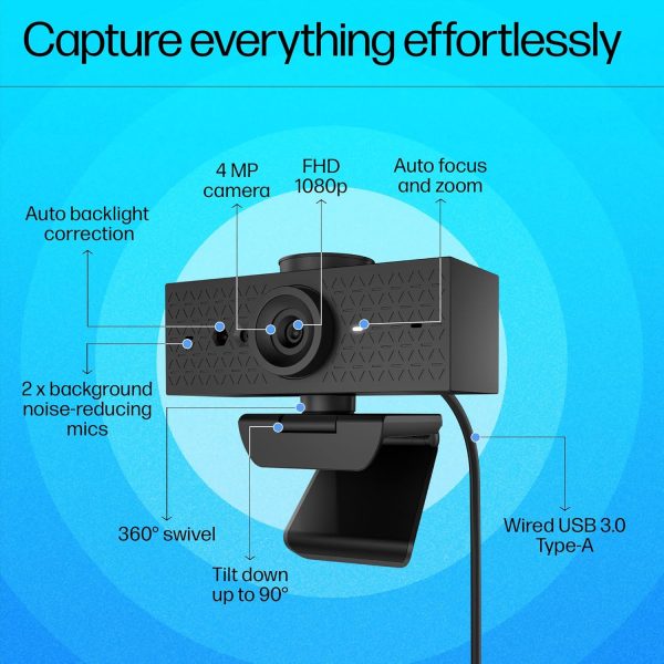 HP 620 FHD Webcam, Wired USB 3.0 Type-A, FHD 1080p, 2 x Noise-reducing mics, Auto Focus and Zoom, 360° Swivel, Adjustable Field of View, Zoom Certified, 1-Year Limited Warranty, Black, 6Y7L2AA