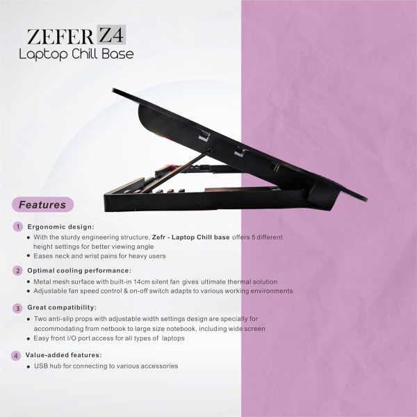 ZebionZefer Z4 Laptop Cooling Base for Heat Dissipation, aka Chill Pad, with Low Noise and Rugged Performance Fans, Sturdy Profile with Metal mesh, Slim & Sleek, Soothing Blue Light