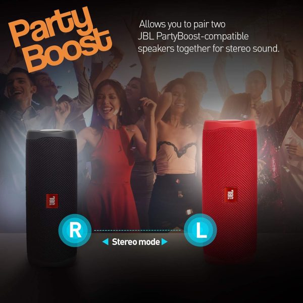 JBL Flip 5 Wireless Portable Bluetooth Speaker, Signature Sound with Powerful Bass Radiator, Vibrant Colors with Rugged Fabric Design, PartyBoost, IPX7 Waterproof & Type C (Without Mic, Red)