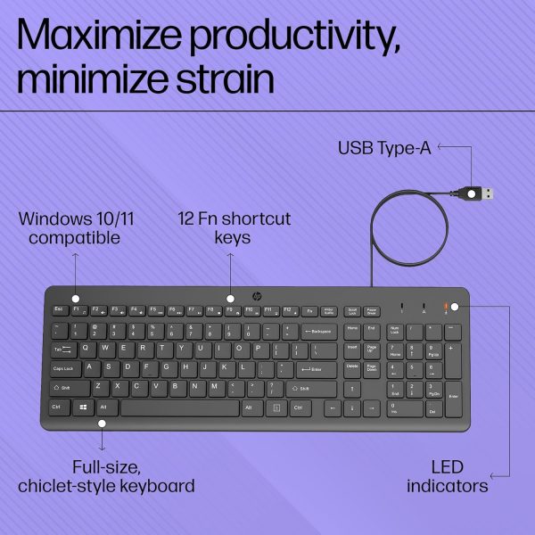 HP 150 Wired Keyboard, Quick, Comfy and Ergonomically Design, 12Fn Shortcut Keys, Plug and Play USB Connection and LED Indicator, 3 Years Warranty