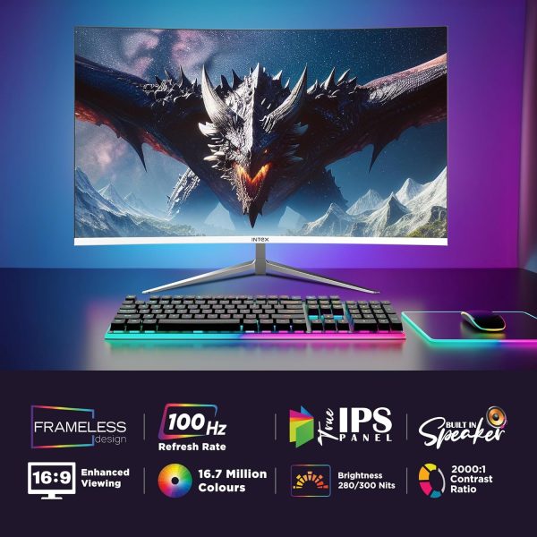 Intex 68.5 CM (27 Inch) Full HD Curved Backlight LED Monitor | VA Panel, 100Hz Refresh Rate with 1920x1080 Pixels | 5ms Reponse Time, Framless, Sleek Metal Stand with Built-in Speaker