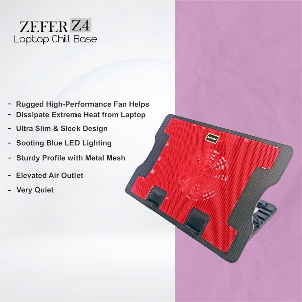 ZebionZefer Z4 Laptop Cooling Base for Heat Dissipation, aka Chill Pad, with Low Noise and Rugged Performance Fans, Sturdy Profile with Metal mesh, Slim & Sleek, Soothing Blue Light