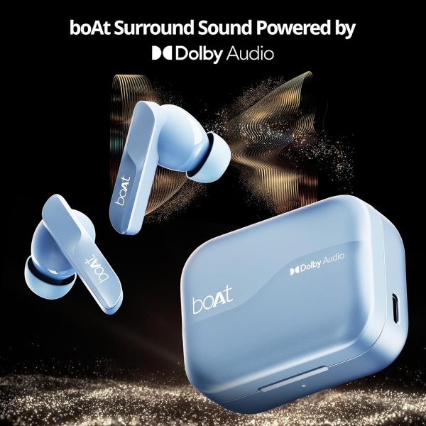 boAt Airdopes 800 True Wireless in Ear Ear Buds w/Dolby Audio, Adaptive EQ by Mimi, 40 Hours Playback, 4 Mics w/AI-ENx™, in-Ear Detection & Hearables App Support(Interstellar Blue)