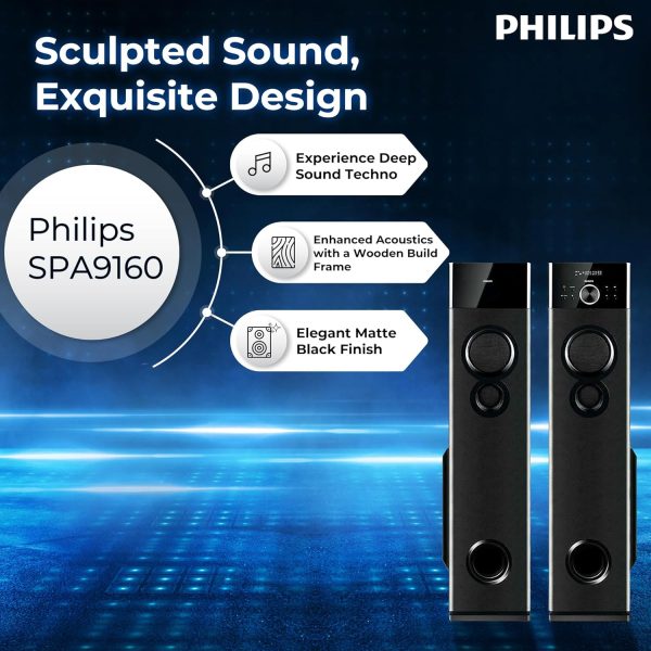 PHILIPS Audio SPA9160 2.0CH 160W Multimedia Tower Speakers with Wireless Microphone,Multi-Connectivity Option with Supporting USB, AUX, FM,Mic & Thumping Bass with Karaoke(Black)