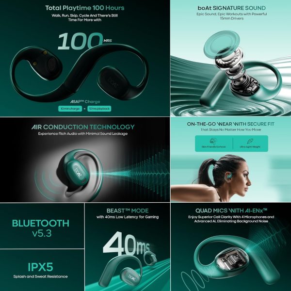 boAt Newly Launched Airdopes Progear Open Ear Ear Buds W/Air Conduction Technology, 4 Mics W/Ai-Enx, 100Hrs Playback, 15Mm Drivers, Secure Fit,Beast Mode W/ 40Ms Latency,ASAP Charge(Sporty Green)