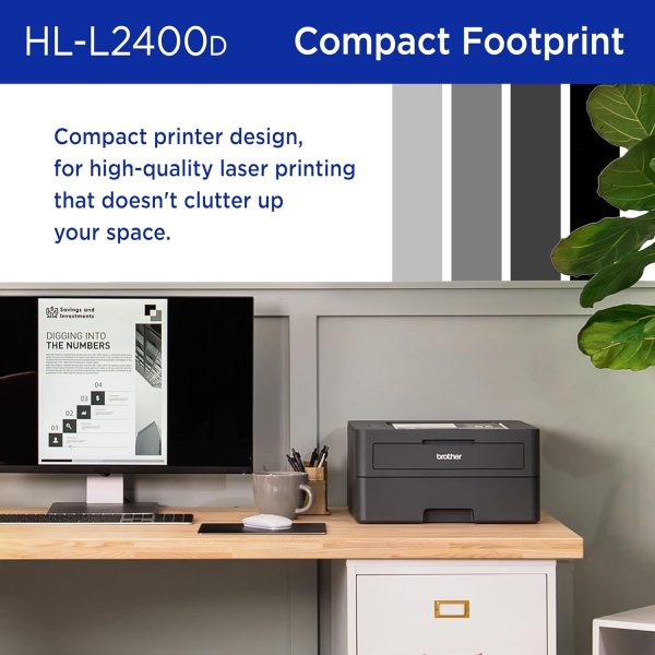 Brother HL-L2400D Compact Monochrome Laser Printer with Duplex Printing, USB Required (Cable not Included), Black & White Output