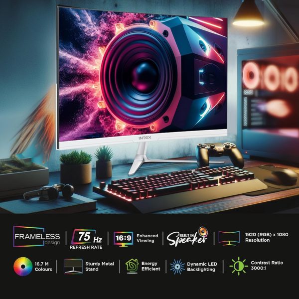 Intex 60.9 CM (24 Inch) Full HD Curved Backlight LED Monitor | VA Panel, 100Hz Refresh Rate with 1920x1080 Pixels | 5ms Reponse Time, Framless, Sleek Metal Stand with Built-in Speaker