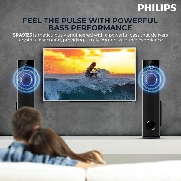 Play Video Click to see more videos Philips Audio SPA9125 2.0CH 130W Multimedia Tower Speakers with Wireless Microphone,Multi-Connectivity Option with Supporting USB, AUX, FM,Mic & Thumping Bass with Karaoke(Black)