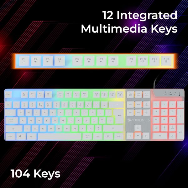 Zebronics War-K Gaming Keyboard with 104 Keys,Multi Color LED,1.8m Braided Cable, Gold Plated USB,Laser Keycaps, Anti-Ghosting 19 Keys,2 Step Stand,12 Integrated Multimedia Keys (White)