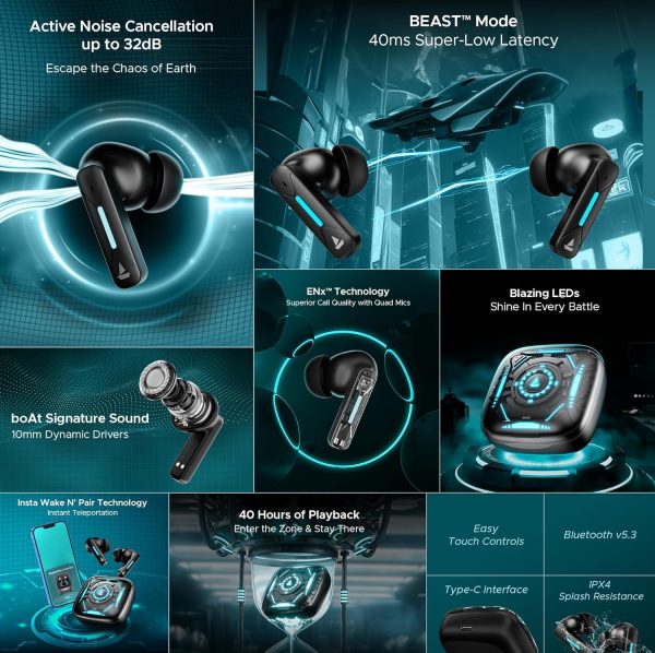 boAt Newly Launched Immortal Airspeed Pro Truly Wireless in- Ear Earbuds w/ 32dB ANC, Beast™ Mode with 40ms Latency, 40hrs Playback, 4 Mics with ENx™, Premium ID w/LEDs & ASAP™ Charge(Black Sabre)