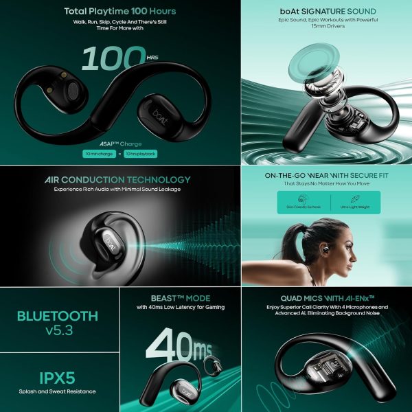 boAt Newly Launched Airdopes Progear Open Ear Ear Buds W/Air Conduction Technology, 4 Mics W/Ai-Enx, 100Hrs Playback, 15Mm Drivers, Secure Fit,Beast Mode W/ 40Ms Latency,ASAP Charge(Active Black)