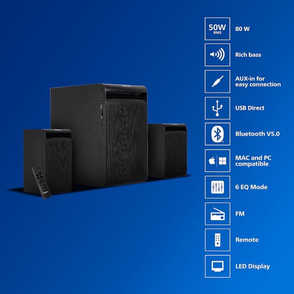 Philips Audio TAV5257 45W 2.1 Channel Wireless and Wired Multimedia Computer Speaker, Multi-Connectivity Option with Supporting USB, Bluetooth, AUX, FM & Remote Control (Black)