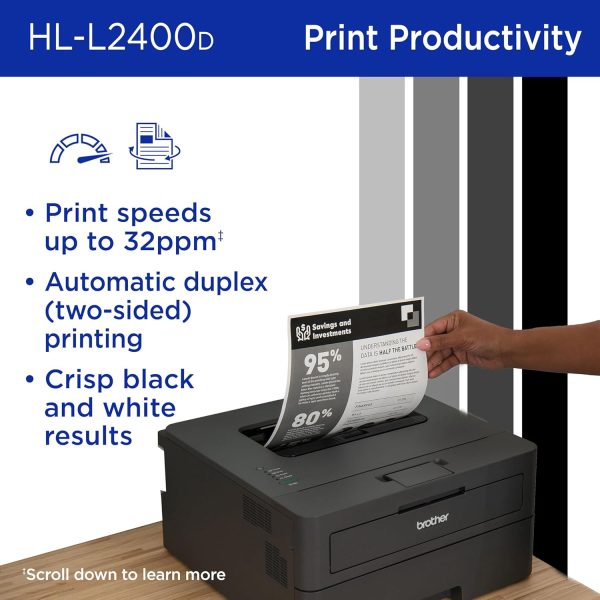 Brother HL-L2400D Compact Monochrome Laser Printer with Duplex Printing, USB Required (Cable not Included), Black & White Output