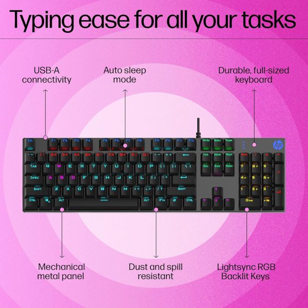 HP Gk400F Mechanical USB Gaming Keyboard,Dust & Spill Resistant,RGB Backlit Keys,Metal Panel,Full-Sized Keyboard Design