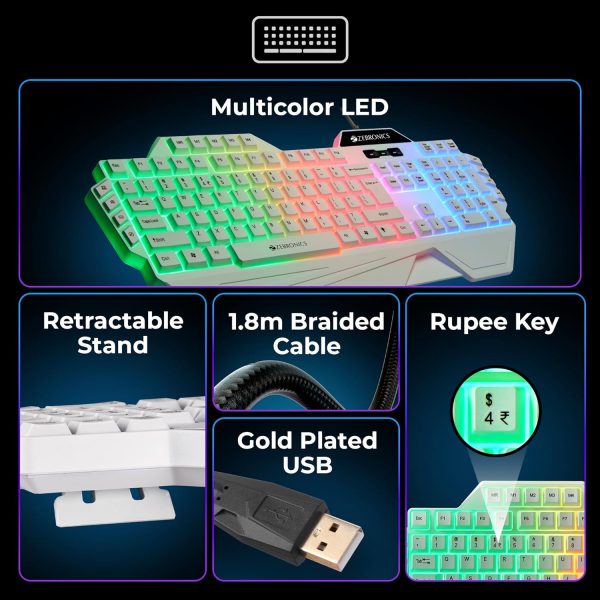 ZEBRONICS OPTIMUS Gaming Keyboard & Mouse Combo, Braided Cable, Gold Plated USB, Upto 3600 DPI, 6 Buttons, High Resolution Sensor, Multicolor LED, Dedicated Macro Keys, 117 Keys (White)