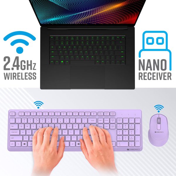 Zebronics Companion 200 Wireless Combo with Silent Operation Mouse, Full Size Keyboard, 1600 DPI, Integrated Multimedia, ON/Off, Power Saving Mode, 2.4GHz Nano Receiver and Plug Play Usage (Purple)