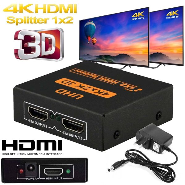 UHD HDMI Splitter, Powered Latest UHD 4Kx2K 3D 1 in 2 out 1X2 2 Port 1080P V1.4 Support 4K / 2K and 3D Resolution -1 Source To 2 Displays