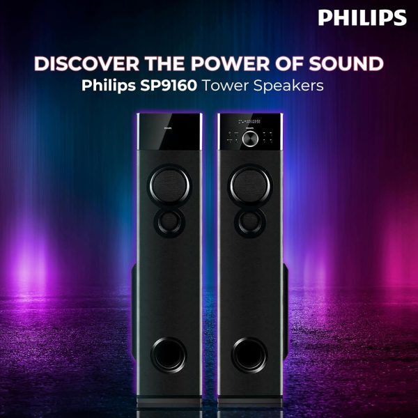 PHILIPS Audio SPA9160 2.0CH 160W Multimedia Tower Speakers with Wireless Microphone,Multi-Connectivity Option with Supporting USB, AUX, FM,Mic & Thumping Bass with Karaoke(Black)