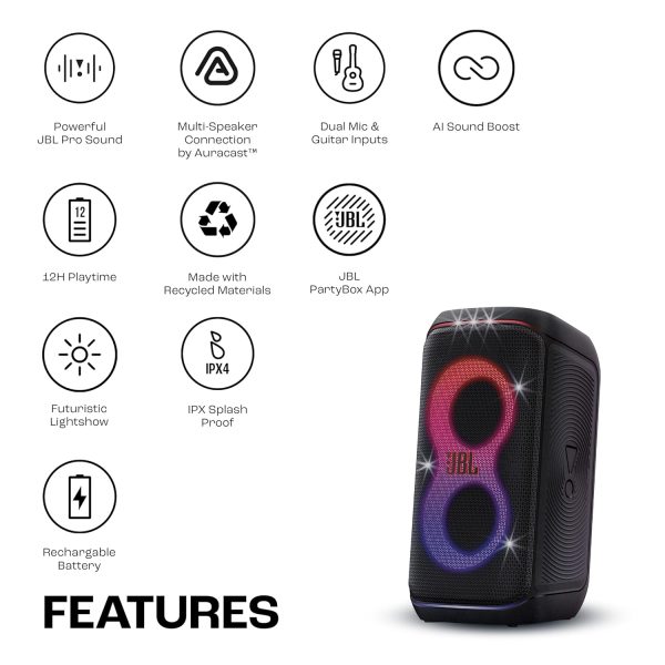 JBL Partybox 120 Wireless Bluetooth 160W Party Speaker, AI Sound Boost, Futuristic Light Show, Upto 12Hrs Playtime,Multispeaker Connection by Auracast, Guitar & Mic Input, Splashproof (Black)