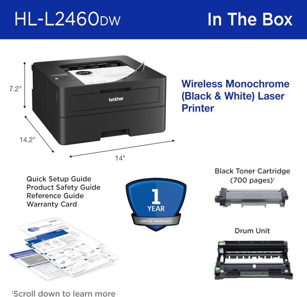 Brother HL-L2460DW Wireless Compact Monochrome Laser Printer with Duplex, Mobile Printing, Black & White Output | Includes Refresh Subscription Trial(1), Amazon Dash Replenishment Ready