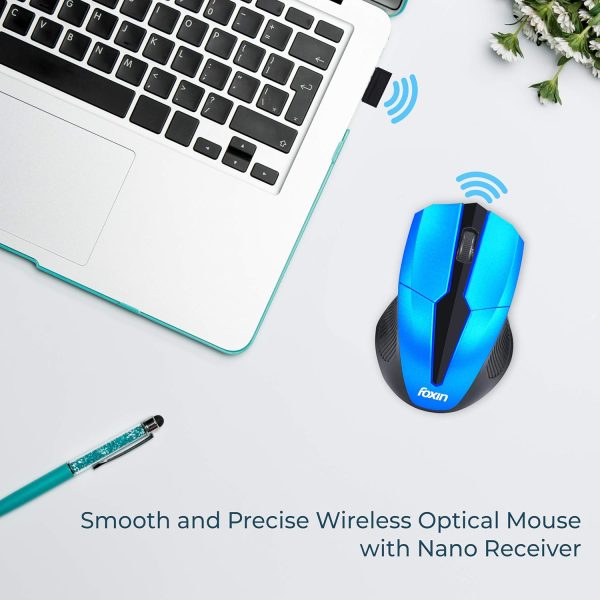 Foxin FWM-9099 Optical Mouse with 2.4GHz Wireless Technology, Nano USB Receiver, 1600 DPI Sensor, Durable Design, clickable Scroll Wheel, Quick Response Mouse for Comfortable Grip (Elite Blue)