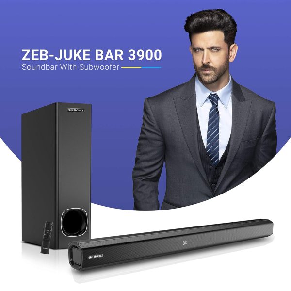 Zebronics ZEB-JUKE BAR 3900 Wireless Bluetooth Soundbar With Subwoofer Supporting Wall Mount, USB, AUX, Coaxial IN, HDMI ARC & Remote Control. (80 Watt, 2.1 Channel)