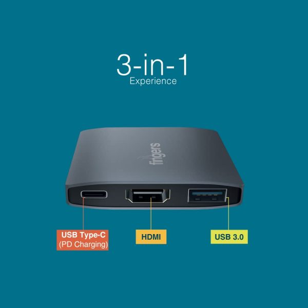 FINGERS TopNotch 3-in-1 Type-C USB Hub (1 x USB 3.0 + 1 x HDMI + 1 x USB Type-C (PD Charging) | Super Quick Data Transfer up to 5 Gbps) - Slate Grey