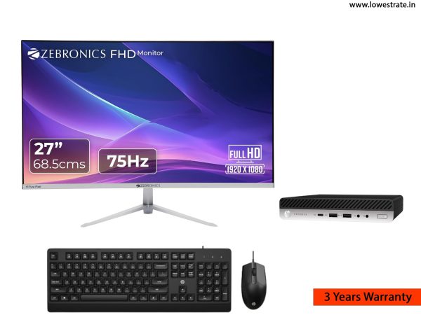 Hp 800 G3 Tiny Desktop i3 7th Generation, 16GB RAM & 512 GB SSD Win 11 Pro, MS Office 360, WIFI , USB 3.0, Ethernet, VGA | 27″Zebronics Monitor. HP KM 150 Wired Mouse and Keyboard Combo (3 Years Warranty)