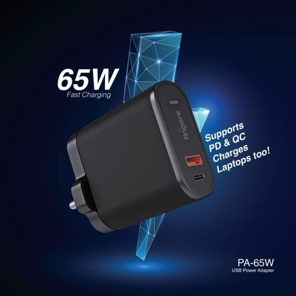 FINGERS PA-65W Power Adapter with 65 W Fast Charging, Dual USB Ports (USB-A and Type-C with PD), Compact Mobile Adapter with Multi-Layer Protection for all devices including Laptops, BIS certified