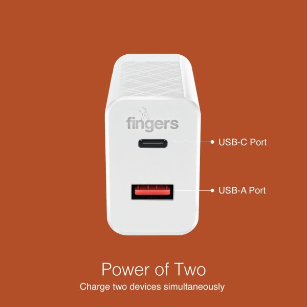 FINGERS PA-Fast-C20 Fast Charging Mobile Adapter with 27 W and Dual USB Ports [USB-A (Quick Charge) & Type-C (PD)] works well with iOS & Android devices - Classic White