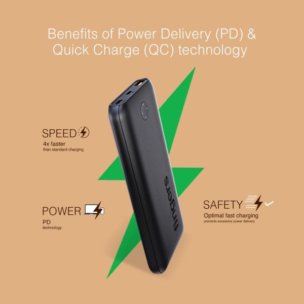 FINGERS Fuel2+ Power Bank (10,000 mAh Li-Polymer Battery, 20 W Fast Charging, Dual Output – Type-C with Power Delivery (PD) Technology & USB Port with Quick Charge (QC), Made in India